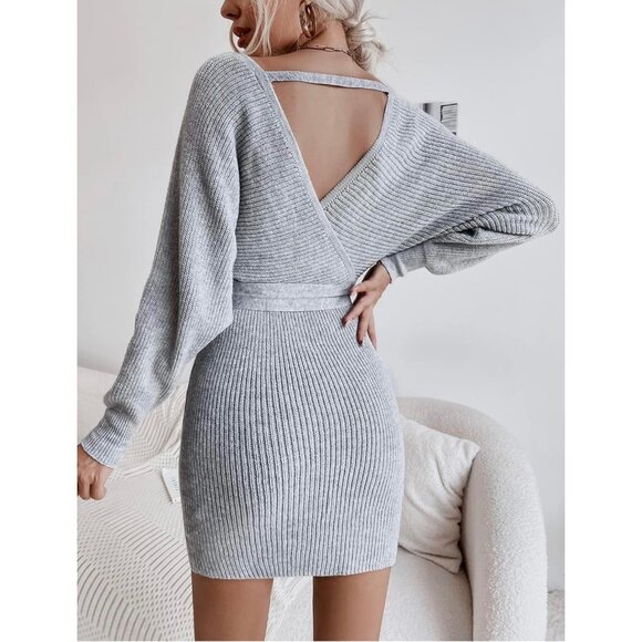 Womens Gray Batwing Sleeve Wrap Sweater Dress Belted Cutout Back size Large - Picture 2 of 15